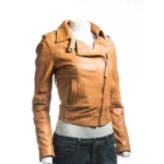 Ladies Tan Biker Leather Jacket - Image 2