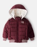 Toddler Striped Sleeves Hooded Puffer Jacket - Red
