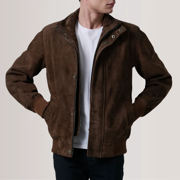 Men_sLesterBrownSuedeBomberJacketOpenFront_720x Lester Brown Suede Bomber Jacket - Image 1