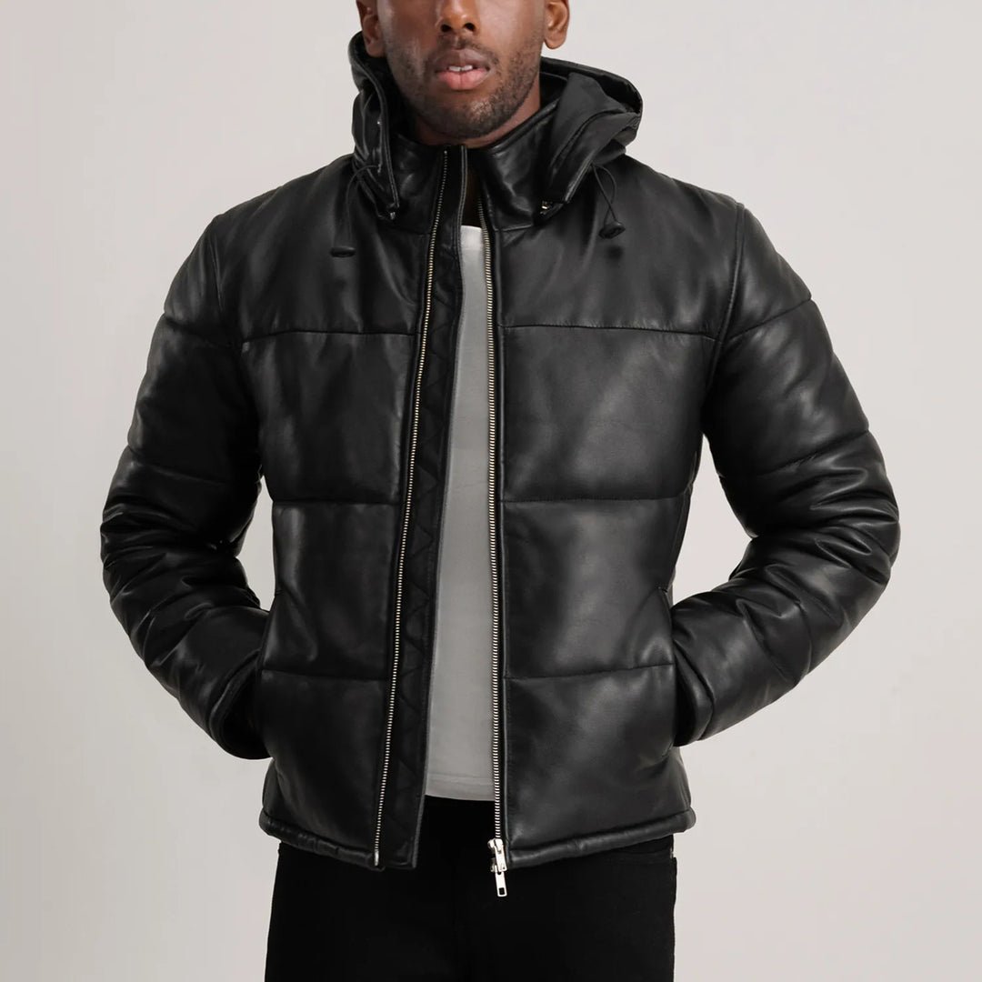 Lucas Brown Leather Puffer Bomber Jacket - Image 1