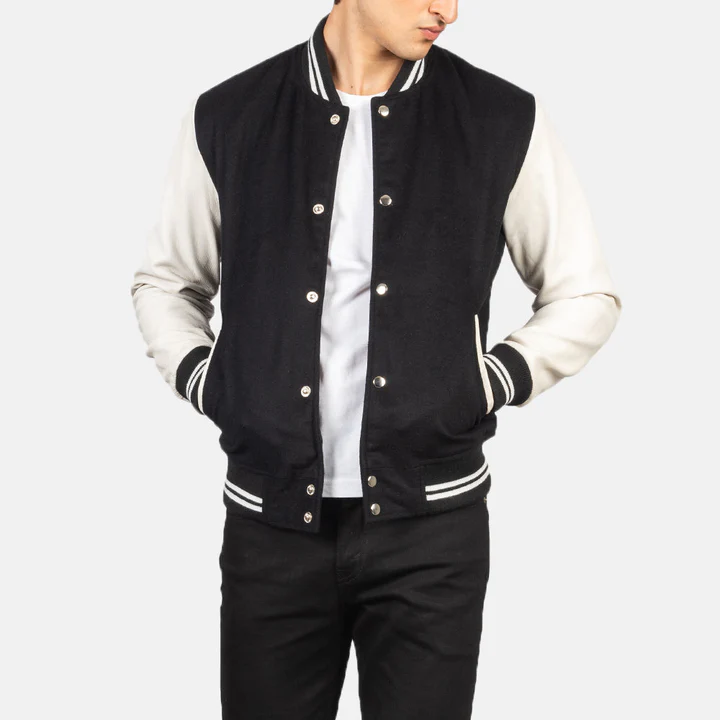 Men_s_Vaxton_Black_White_Hybrid_Varsity_Jacket_Open_Front_3e12ce82-c088-45e9-a1d0-6bdbd2c40005_720x Vaxton Black & White Hybrid Varsity Jacket - Image 1