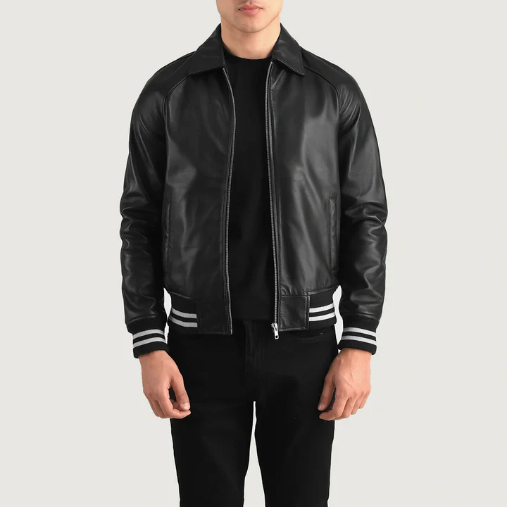 Walton Black Leather Varsity Jacket - Image 1