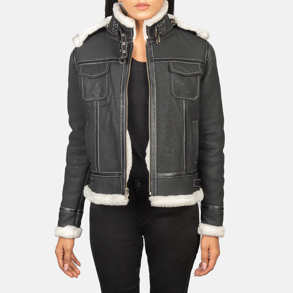 Fiona Black Hooded Shearling Leather Jacket - Image 1