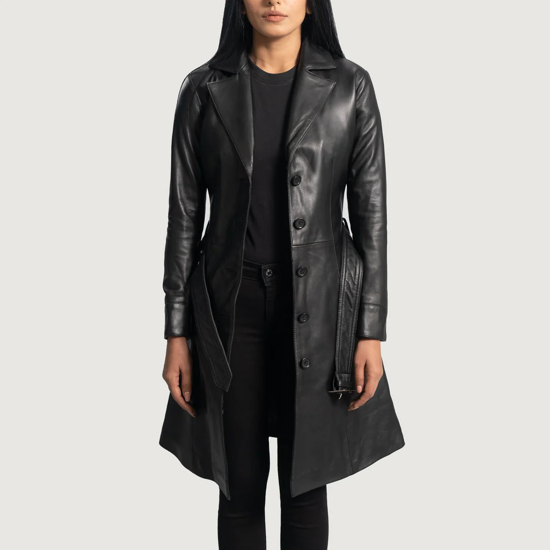 Moonlight Black Leather Trench Coat - Image 1