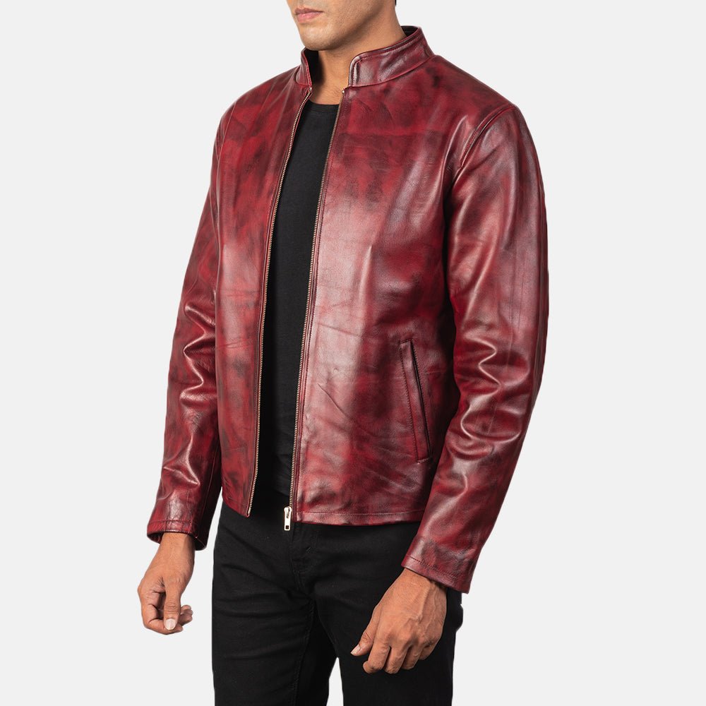 Alex Distressed Burgundy Leather Jacket - Image 2
