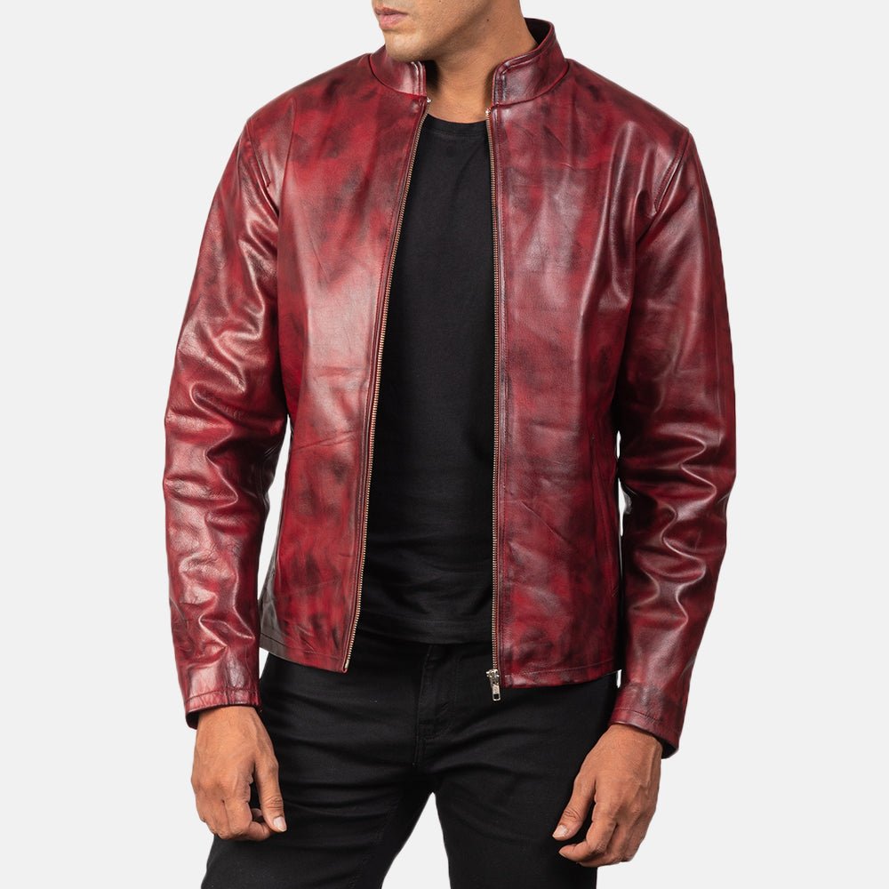 Alex Distressed Burgundy Leather Jacket - Image 4