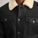 Dallis Distressed Black Leather Shearling Trucker Jacket - Image 6