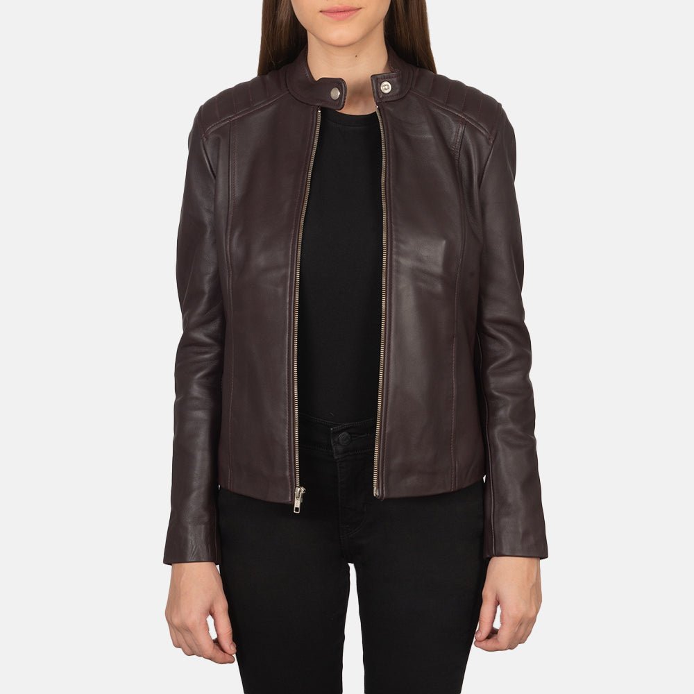 Kelsee Maroon Leather Biker Jacket - Image 1