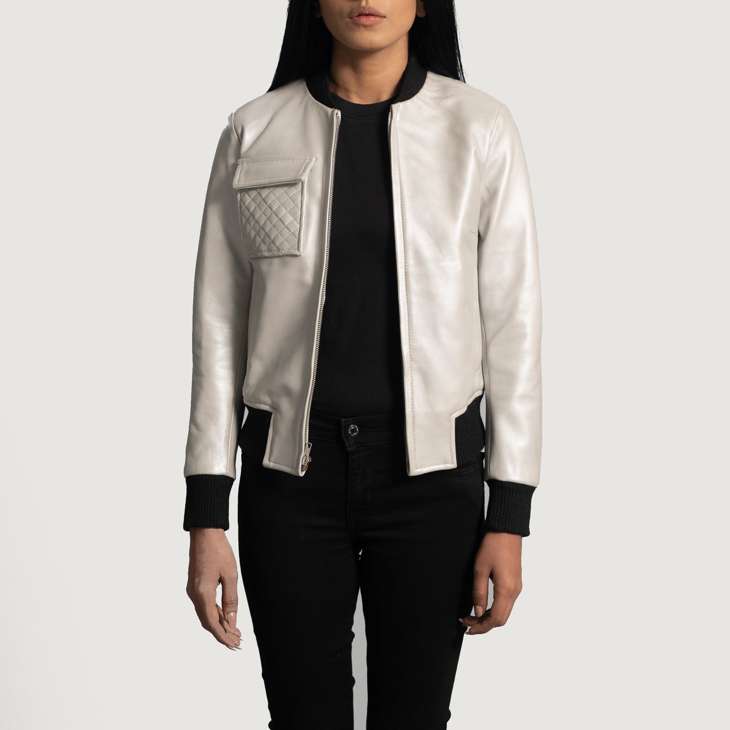 Lana Silver Leather Bomber Jacket - Image 1