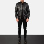 Agent Shadow Black Leather Bomber Jacket - Image 3