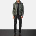 Columbus Green Leather Bomber Jacket - Image 3