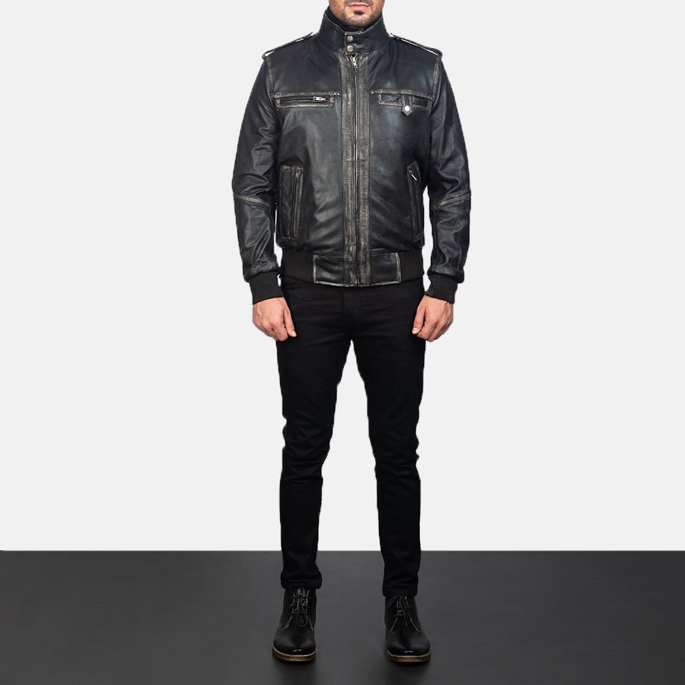 Glen Street Black Leather Bomber Jacket - Image 4