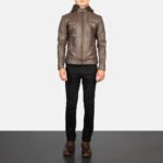 Hector Brown Hooded Leather Biker Jacket - Image 3