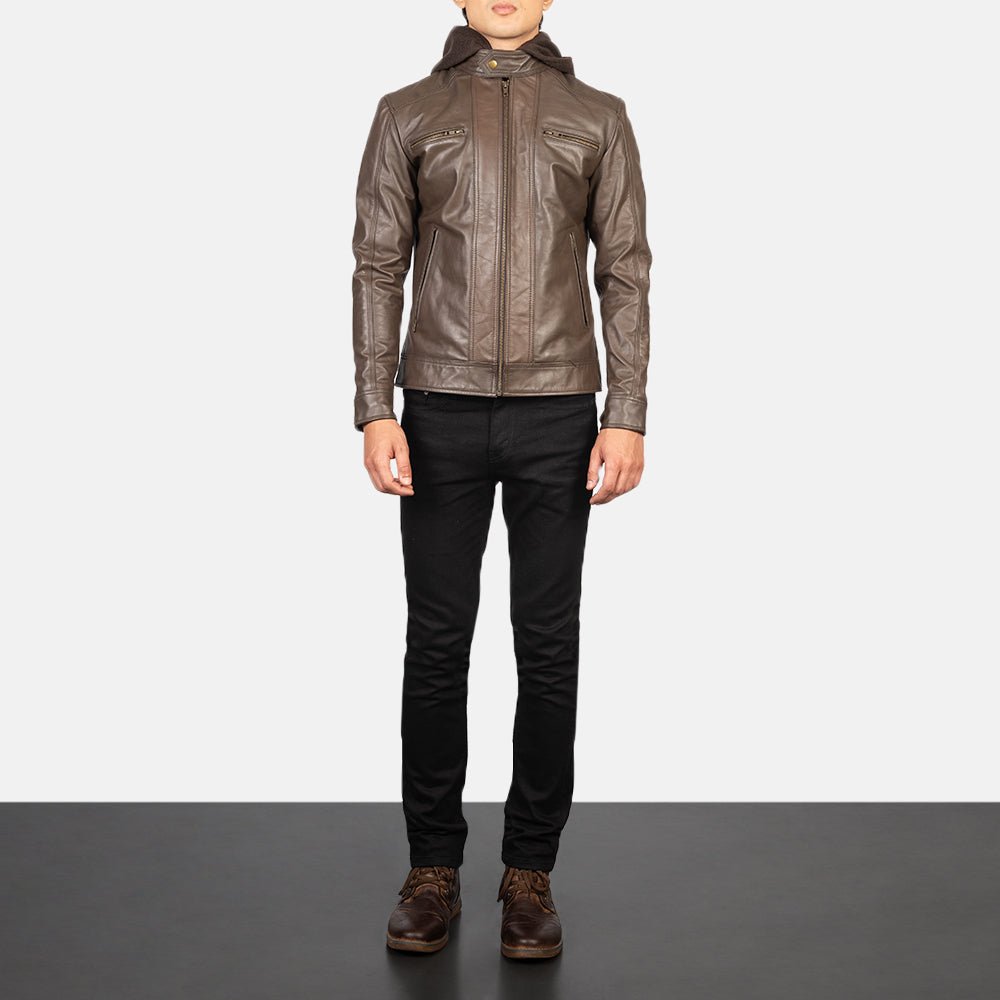 Hector Brown Hooded Leather Biker Jacket - Image 3