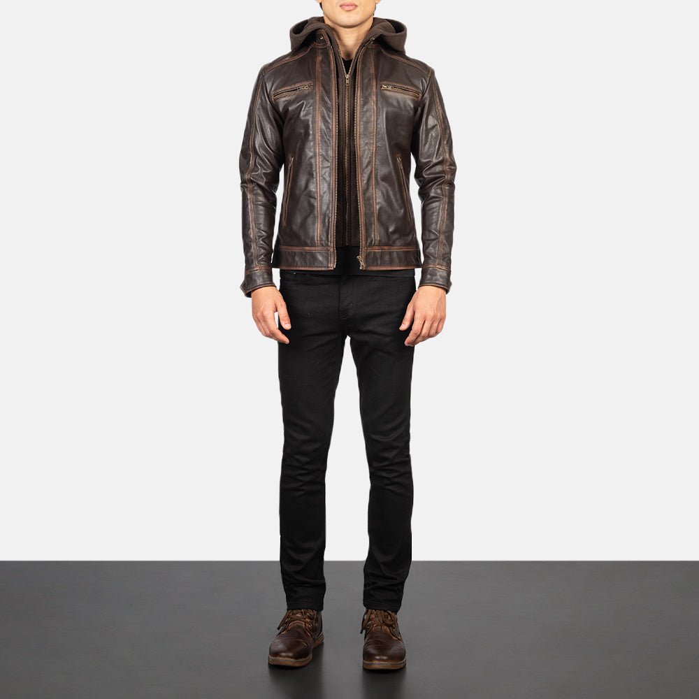 Hector Vintage Brown Hooded Leather Biker Jacket - Image 3