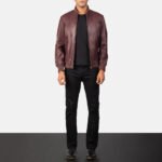 Shane Maroon Leather Bomber Jacket - Image 3