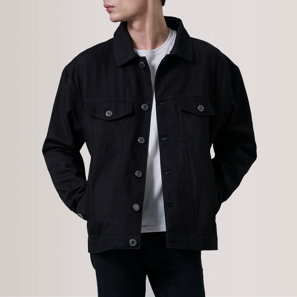 Men_sEddieBlackOversizedDenimTruckerJacketOpen_Front_1024x1024.jpg Eddie Black Oversized Denim Trucker Jacket - Image 1