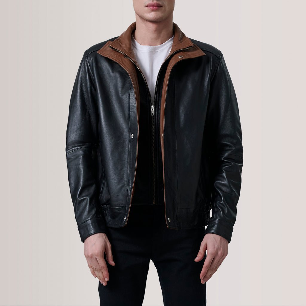 Men_s_Alfred_Black_Leather_Bomber_Jacket_Close_Front_1024x1024.jpg Alfred Black Leather Bomber Jacket - Image 1