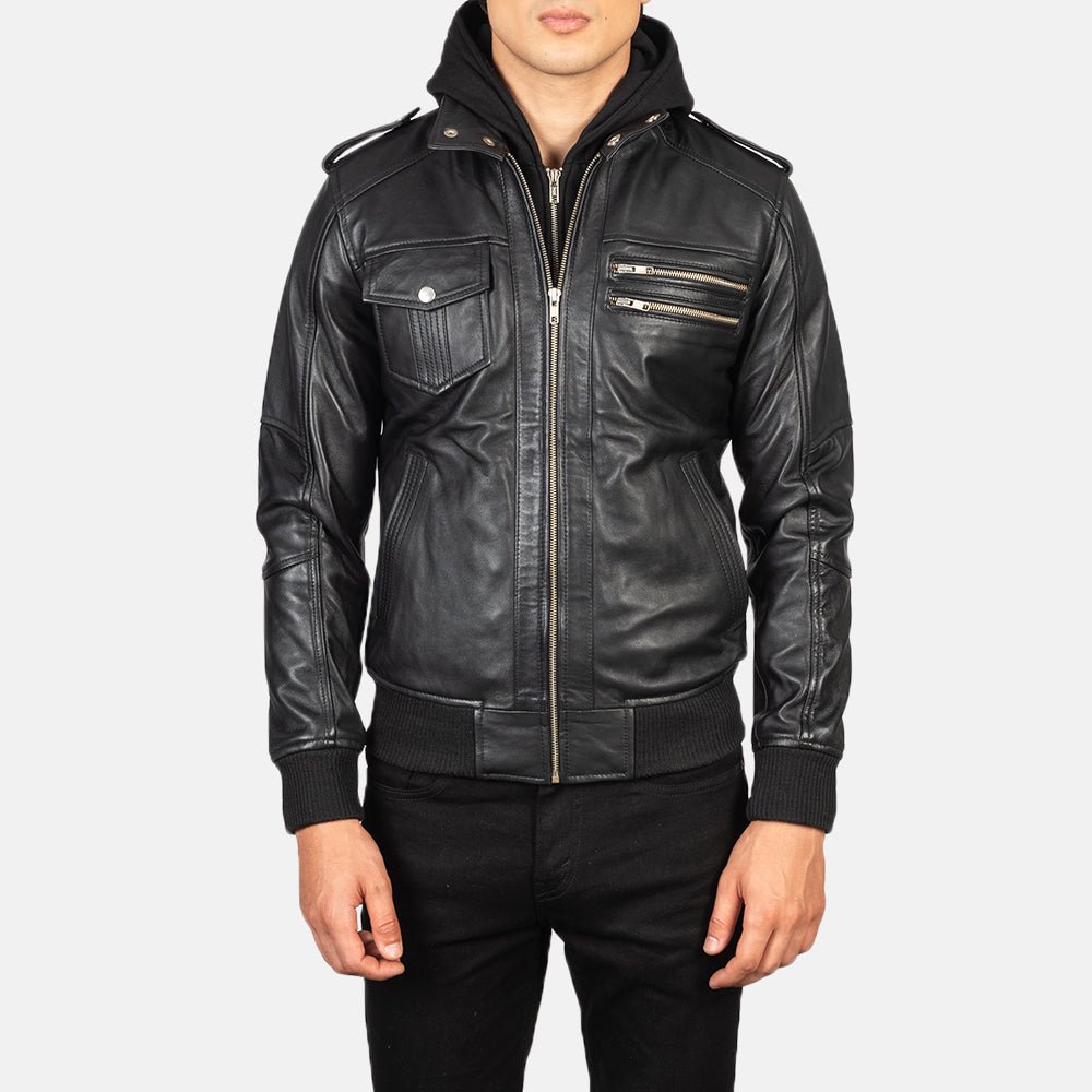 Bravado Black Hooded Leather Bomber Jacket - Image 4