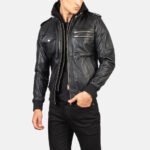 Bravado Black Hooded Leather Bomber Jacket - Image 6