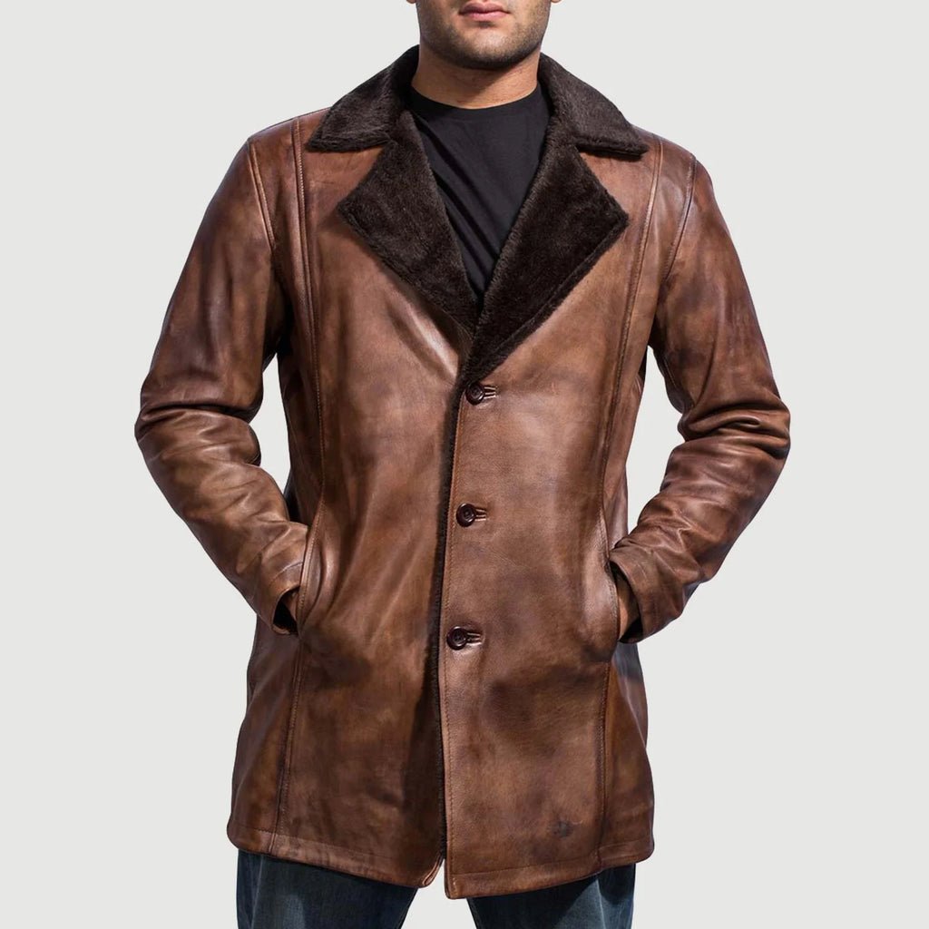 Cinnamon Distressed Leather Fur Coat - Image 3