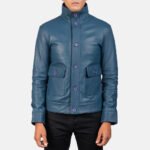 Columbus Blue Leather Bomber Jacket - Image 4