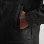 Dallis Distressed Black Leather Shearling Trucker Jacket - Image 5