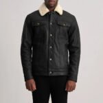 Dallis Distressed Black Leather Shearling Trucker Jacket