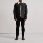 Dallis Distressed Black Leather Shearling Trucker Jacket - Image 3