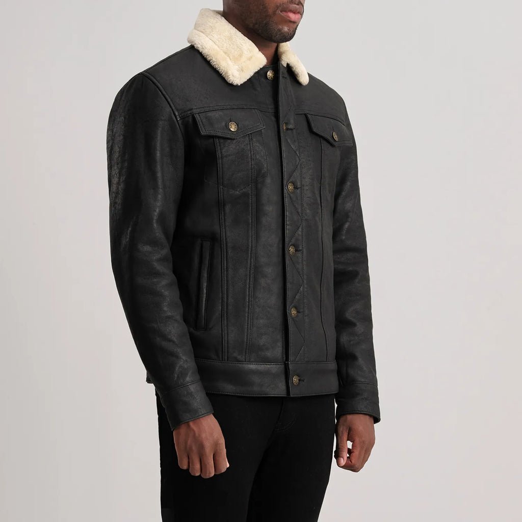Dallis Distressed Black Leather Shearling Trucker Jacket - Image 2