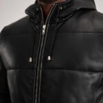 Floyd Black Hooded Leather Puffer Coat - Image 6