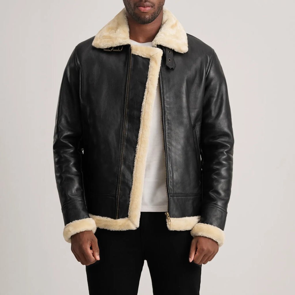 Francis B-3 Black & Cream Leather Bomber Jacket - Image 1