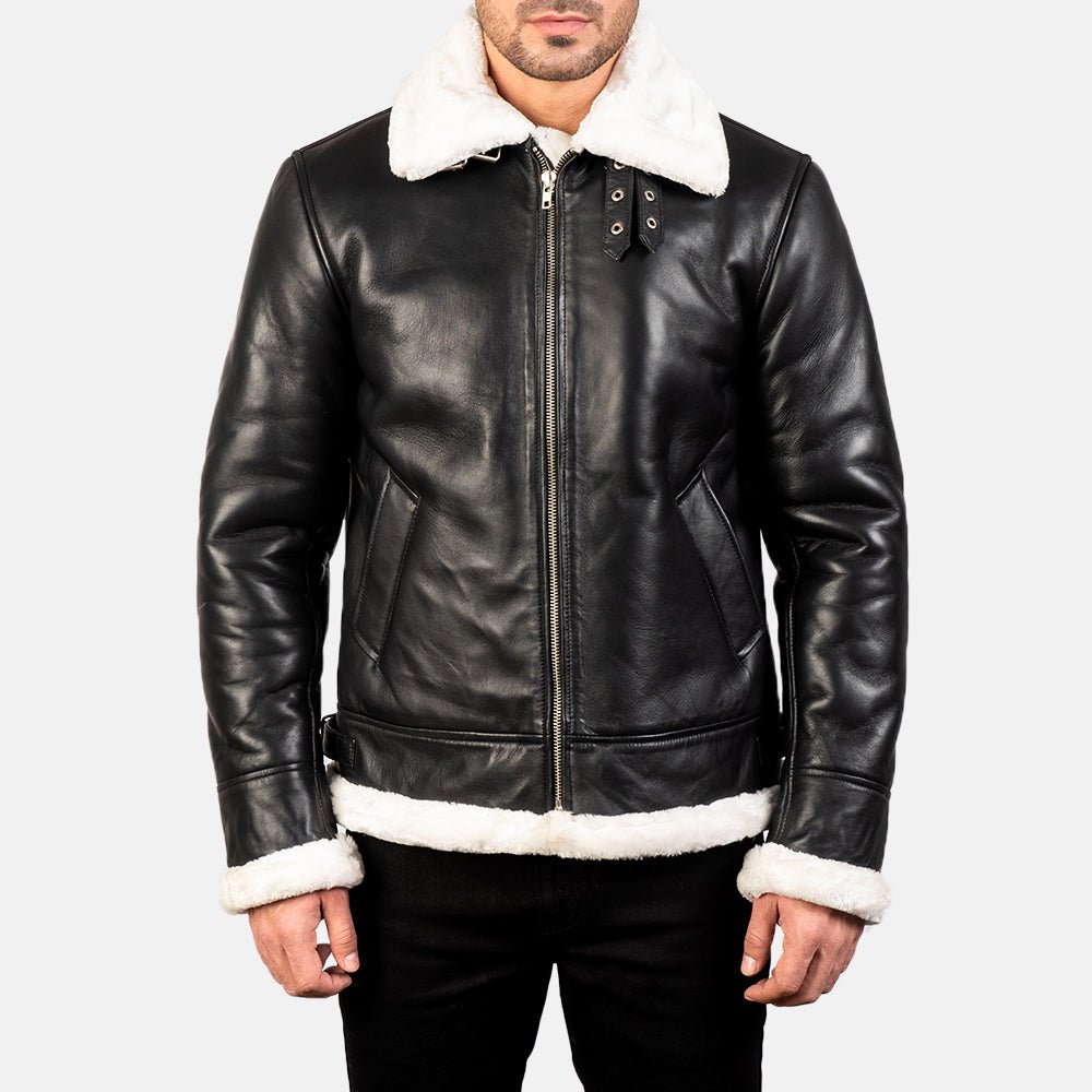 Francis B-3 Black & White Leather Bomber Jacket - Image 4