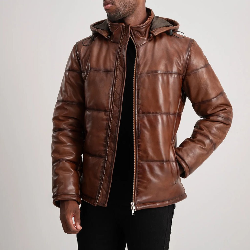 Gordon Waxed Brown Hooded Leather Puffer Jacket - Image 1