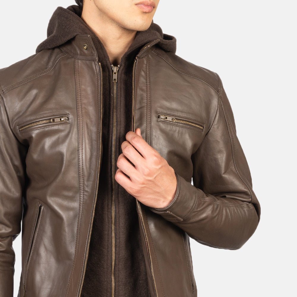 Hector Brown Hooded Leather Biker Jacket - Image 6