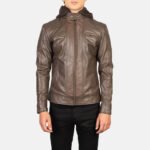 Hector Brown Hooded Leather Biker Jacket - Image 4