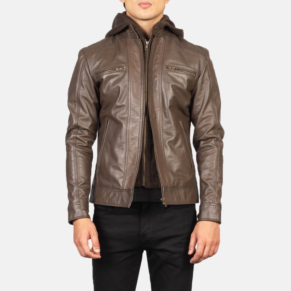 Hector Brown Hooded Leather Biker Jacket - Image 1