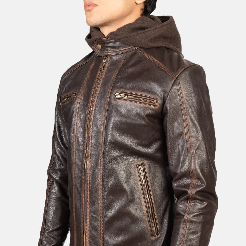Hector Vintage Brown Hooded Leather Biker Jacket - Image 6