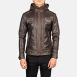 Hector Vintage Brown Hooded Leather Biker Jacket - Image 4