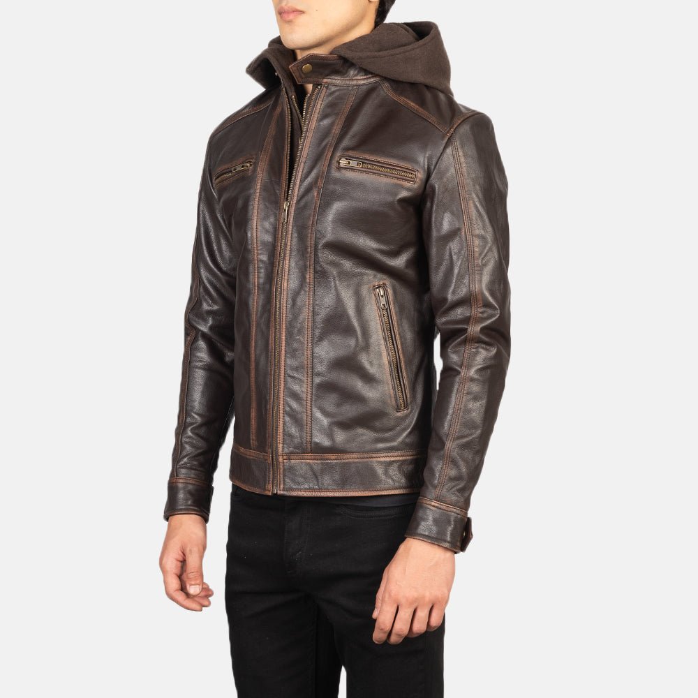 Hector Vintage Brown Hooded Leather Biker Jacket - Image 2