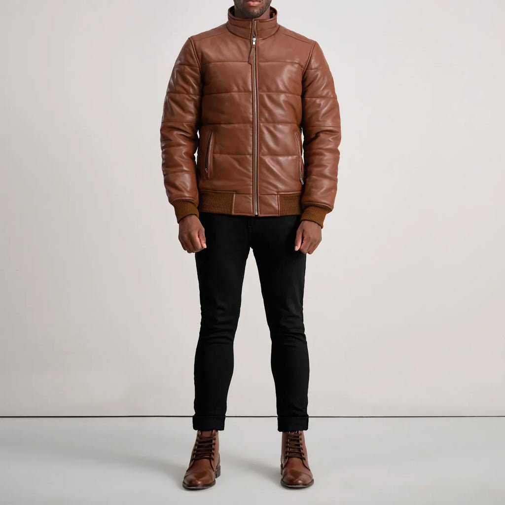 Lucas Brown Leather Puffer Bomber Jacket - Image 3