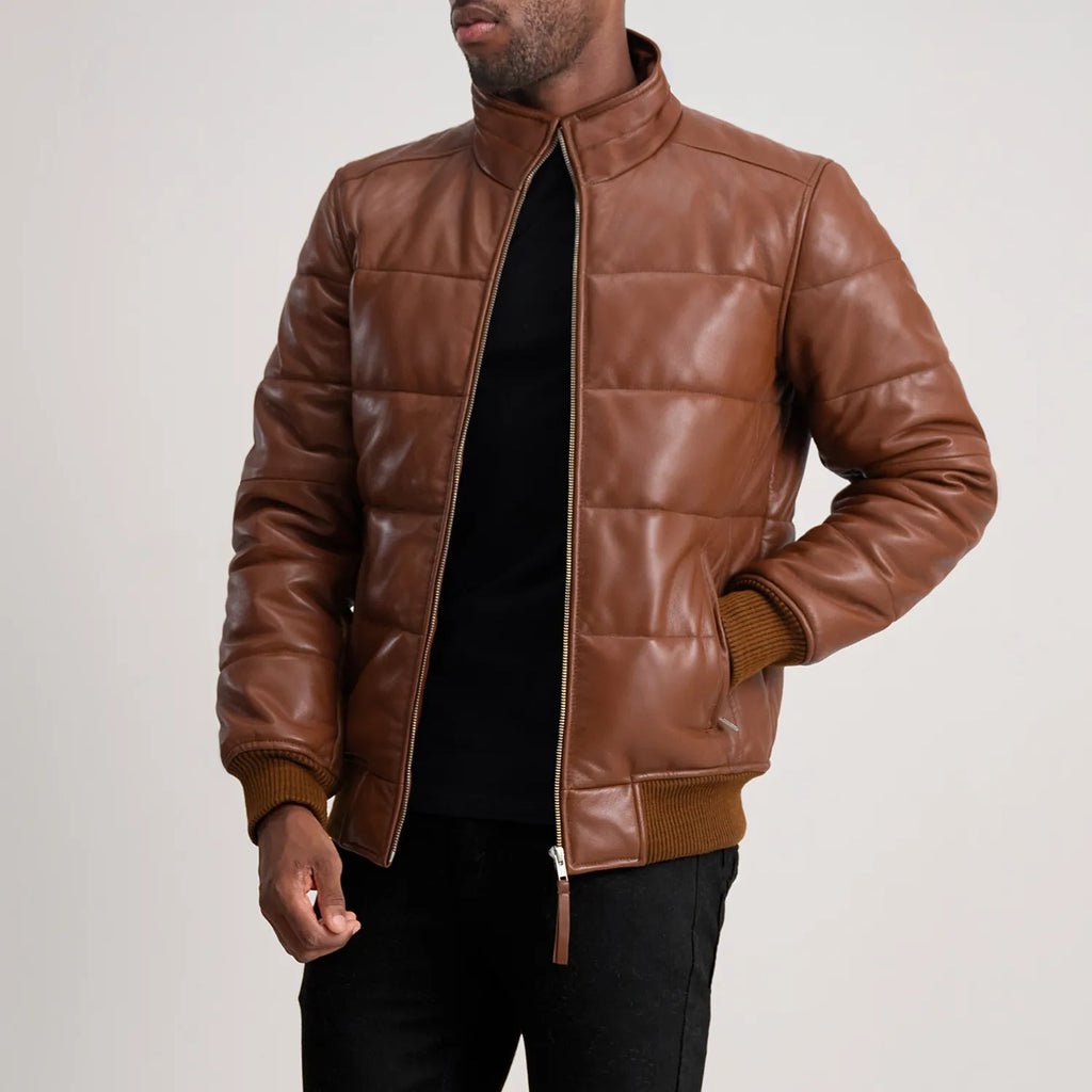 Lucas Brown Leather Puffer Bomber Jacket - Image 1