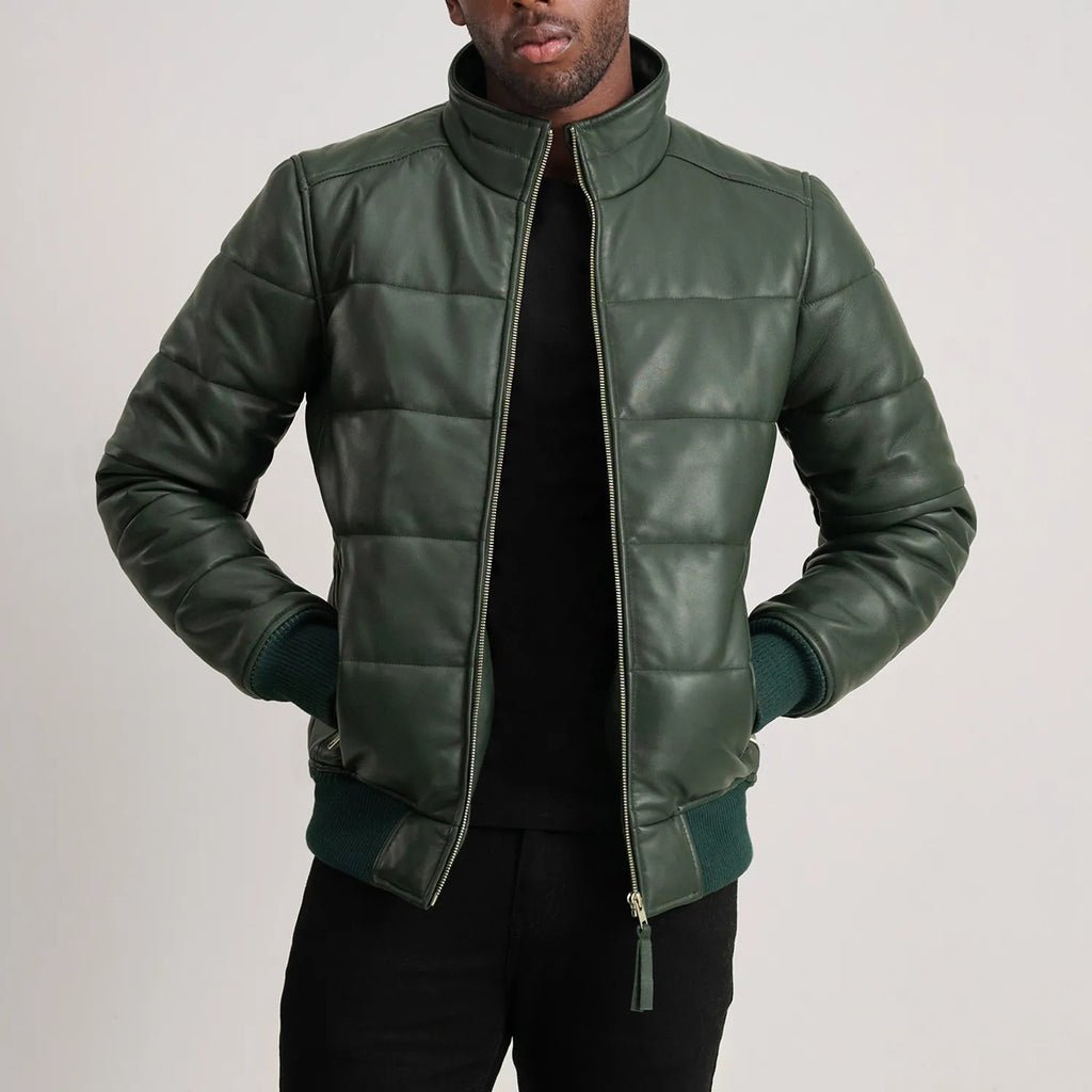 Men_s_Lucas_Green_Leather_Puffer_Bomber_Jacket_Open_Front-4-1733757828203_1024x1024.jpg Lucas Green Leather Puffer Bomber Jacket - Image 1