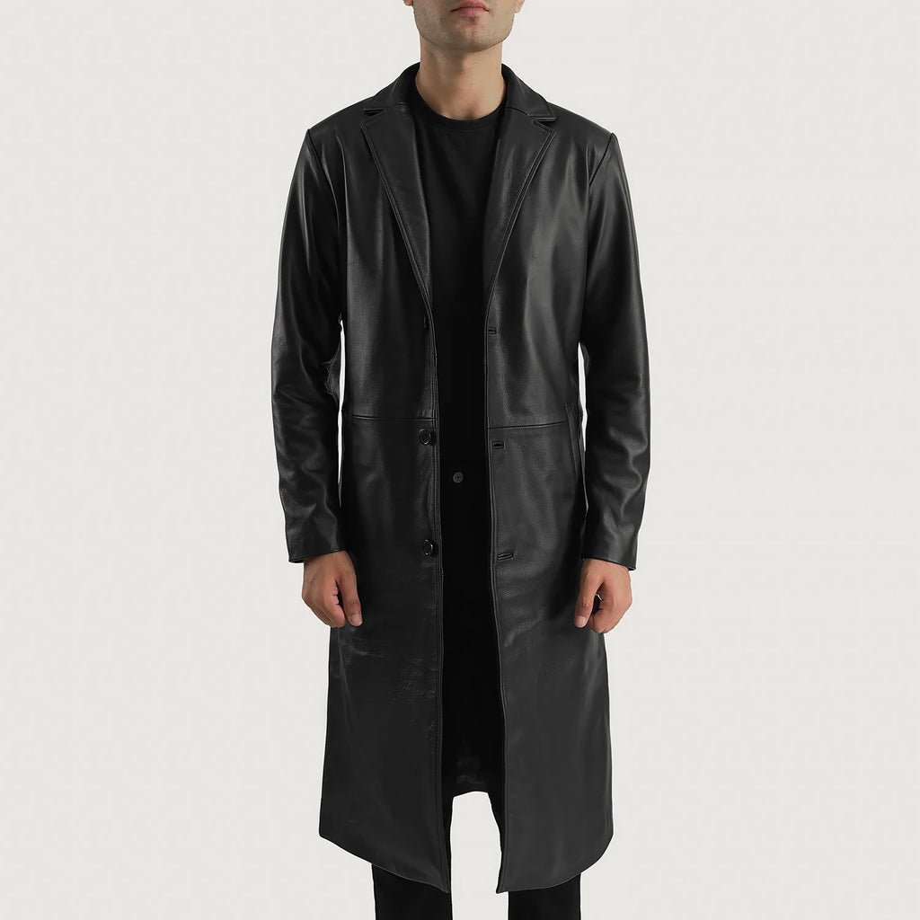 Men_s_Mateo_Black_Leather_Single_Breasted_Coat_Open_Front_ccccec38-e844-4c5d-b369-9778474b1ba2_1024x1024.jpg Mateo Black Leather Single Breasted Coat - Image 1