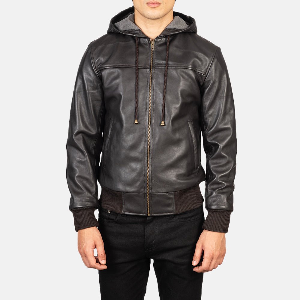 Nintenzo Brown Hooded Leather Bomber Jacket - Image 4