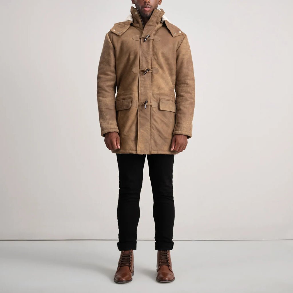 Nolan Distressed Brown Leather Duffle Coat - Image 3