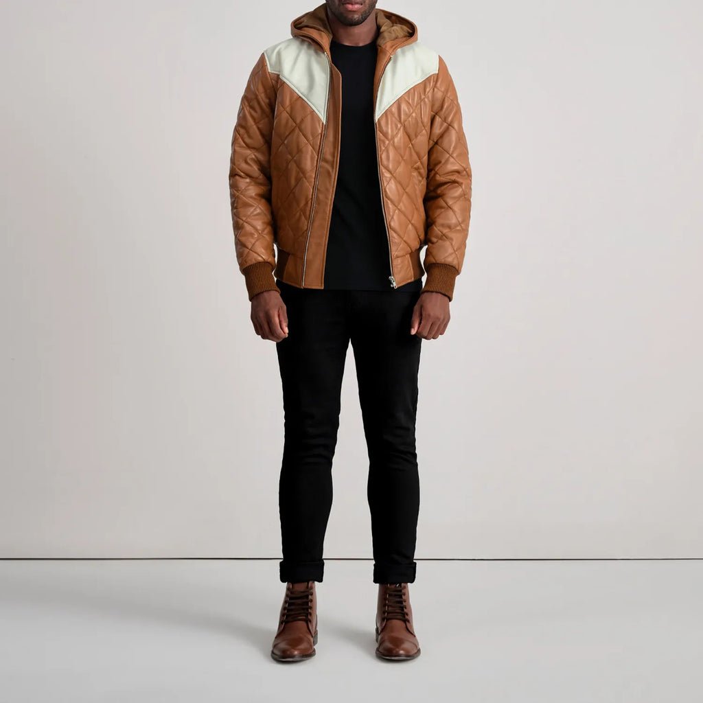 Norman Tan Hooded Bomber Leather Puffer Jacket - Image 3