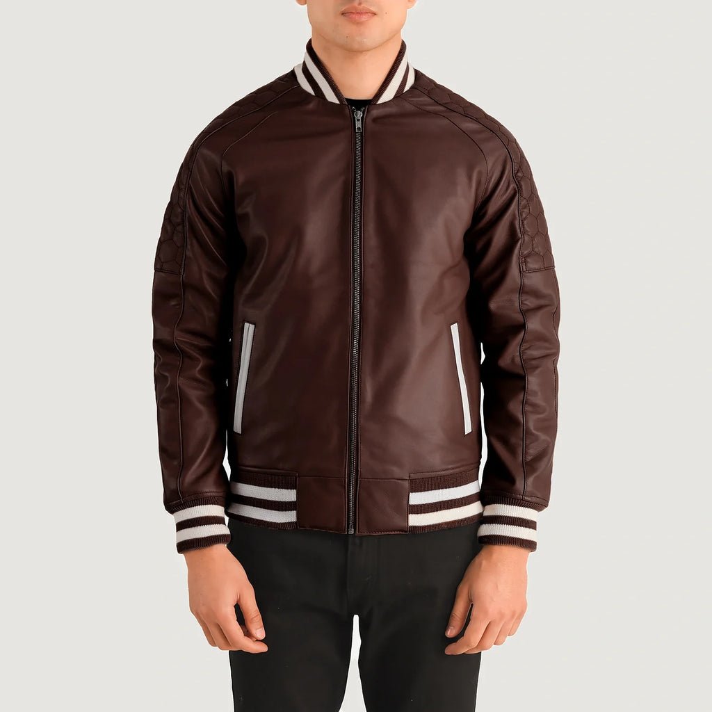 Pascal Maroon Leather Varsity Jacket - Image 4