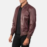Shane Maroon Leather Bomber Jacket - Image 2