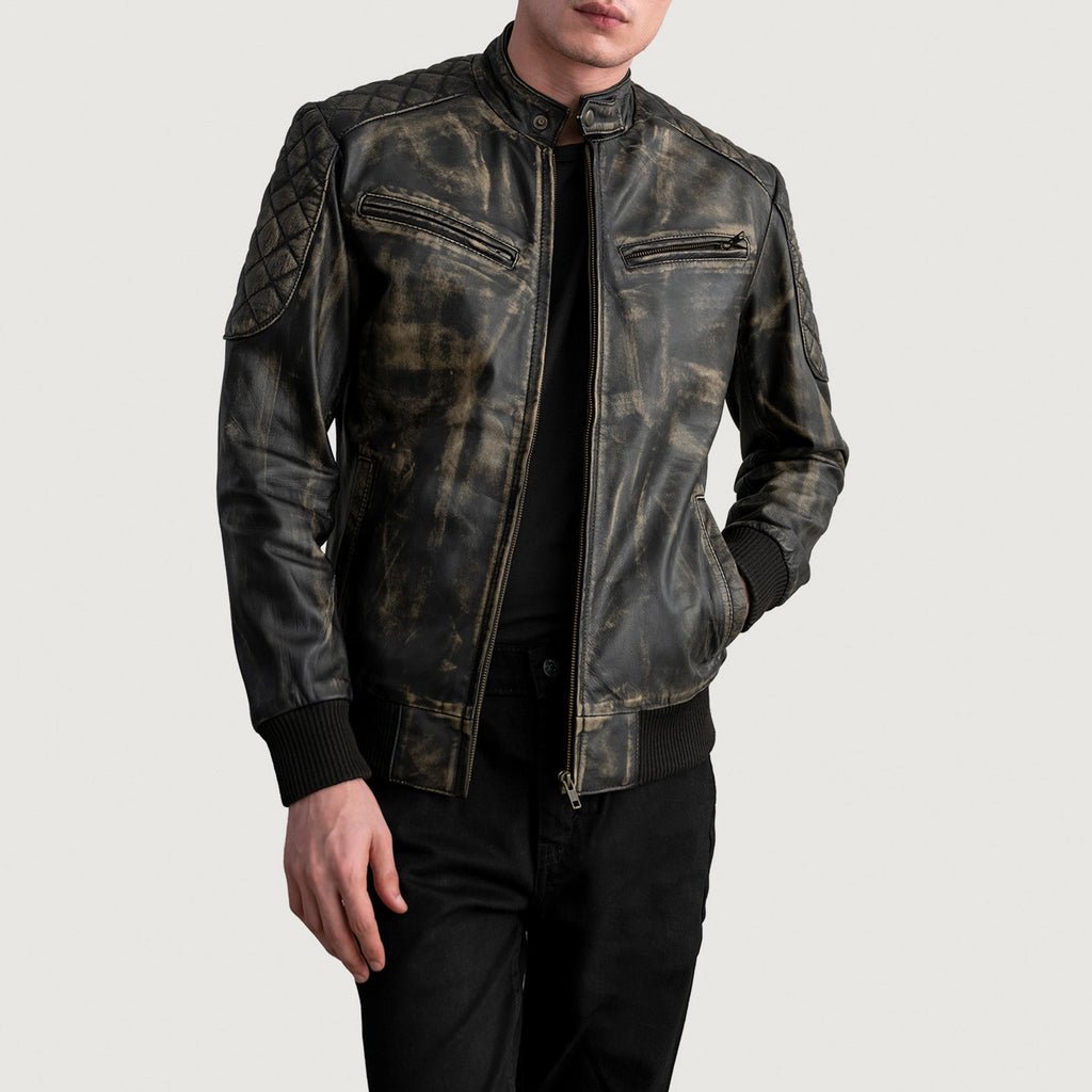 Sven Distressed Brown Leather Bomber Jacket - Image 1